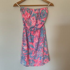 Lilly Pulitzer Windsor Summer Siren Pink Sun Ray Strapless Dress XS Pima Cotton